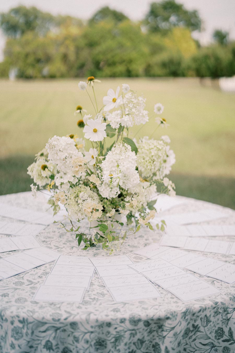 Elegant table setting with a lush bouquet of white flowers, including daisies, displayed outdoors on a floral-patterned tablecloth, showcasing a tranquil garden ambiance.