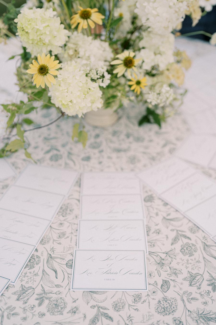 Elegant floral centerpiece with white and yellow flowers on a patterned tablecloth, surrounded by neatly arranged wedding place cards.