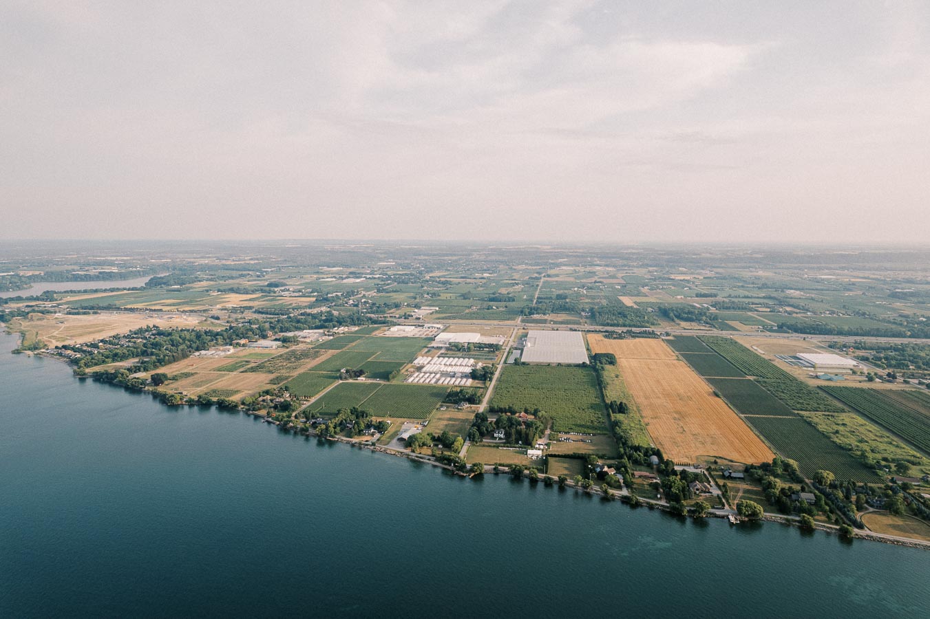 Aerial view of expansive farmland adjacent to a lake, showcasing patchwork fields, greenhouses, and a rural landscape, under a clear sky.