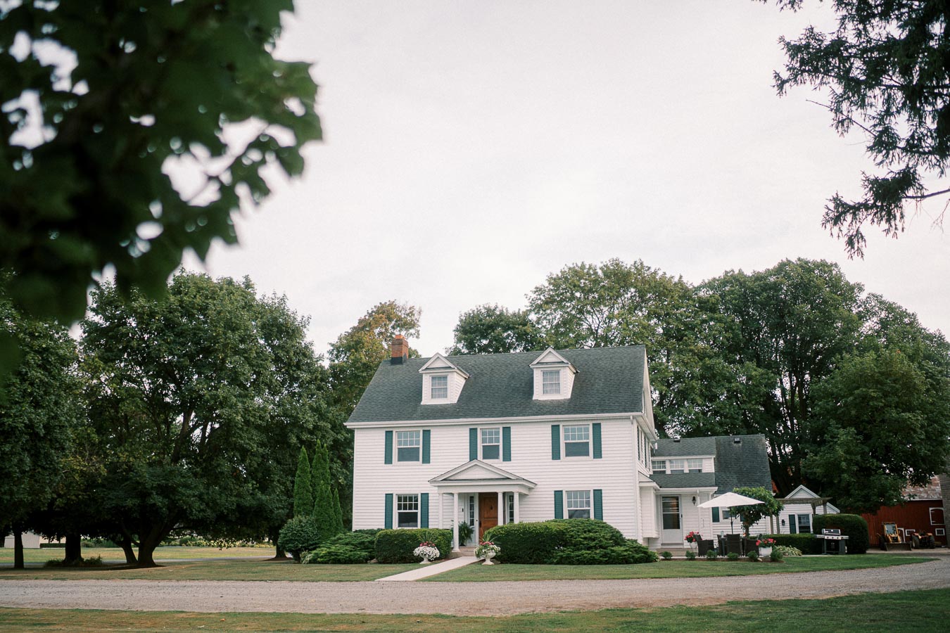 Colonial-style white house with green shutters surrounded by lush greenery and trees, featuring a gravel driveway leading to the entrance.