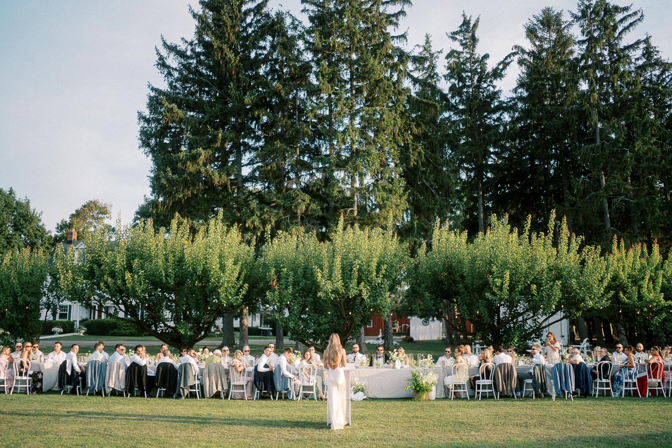 Outdoor wedding reception with guests seated at long tables under lush green trees, enjoying a sunny day. A woman in a white dress stands in front of the tables, adding a touch of elegance to the scenic setting.
