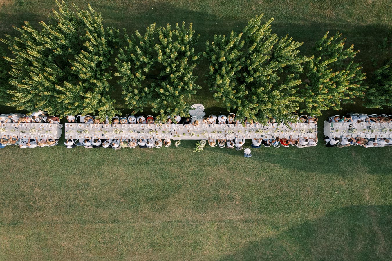 Aerial view of a large outdoor banquet with guests seated at long, elegantly set tables under lush green trees, showcasing an elegant garden dining experience.
