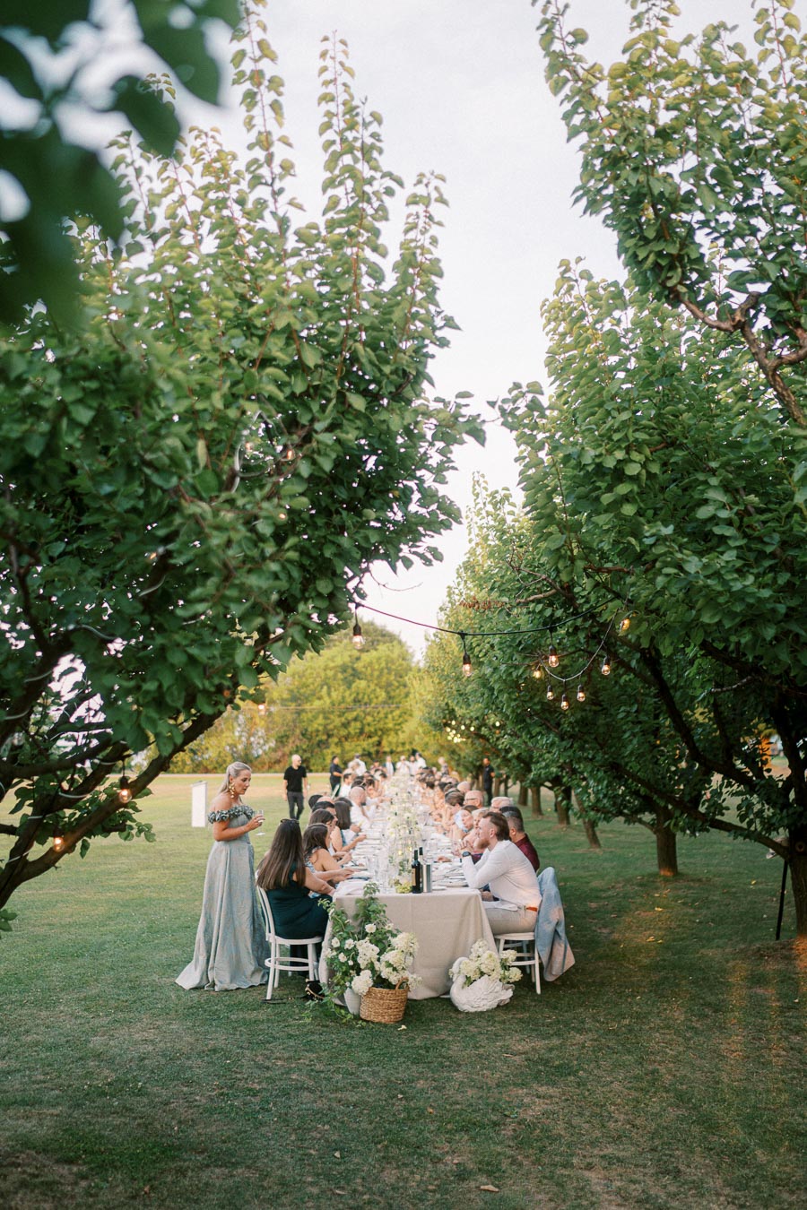 Outdoor garden wedding reception with a long dining table decorated with white flowers and fairy lights, surrounded by lush green trees and guests enjoying the event.