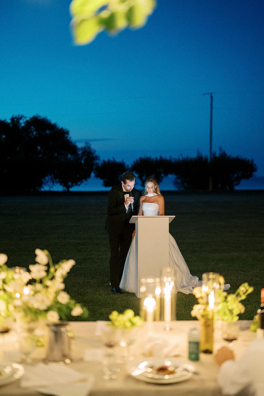 A bride and groom give a wedding speech at an outdoor evening reception, with a beautifully set table in the foreground and a lush landscape under a twilight sky.
