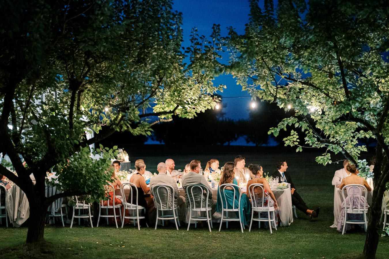Outdoor evening wedding reception under string lights with guests seated at a long table surrounded by lush green trees.