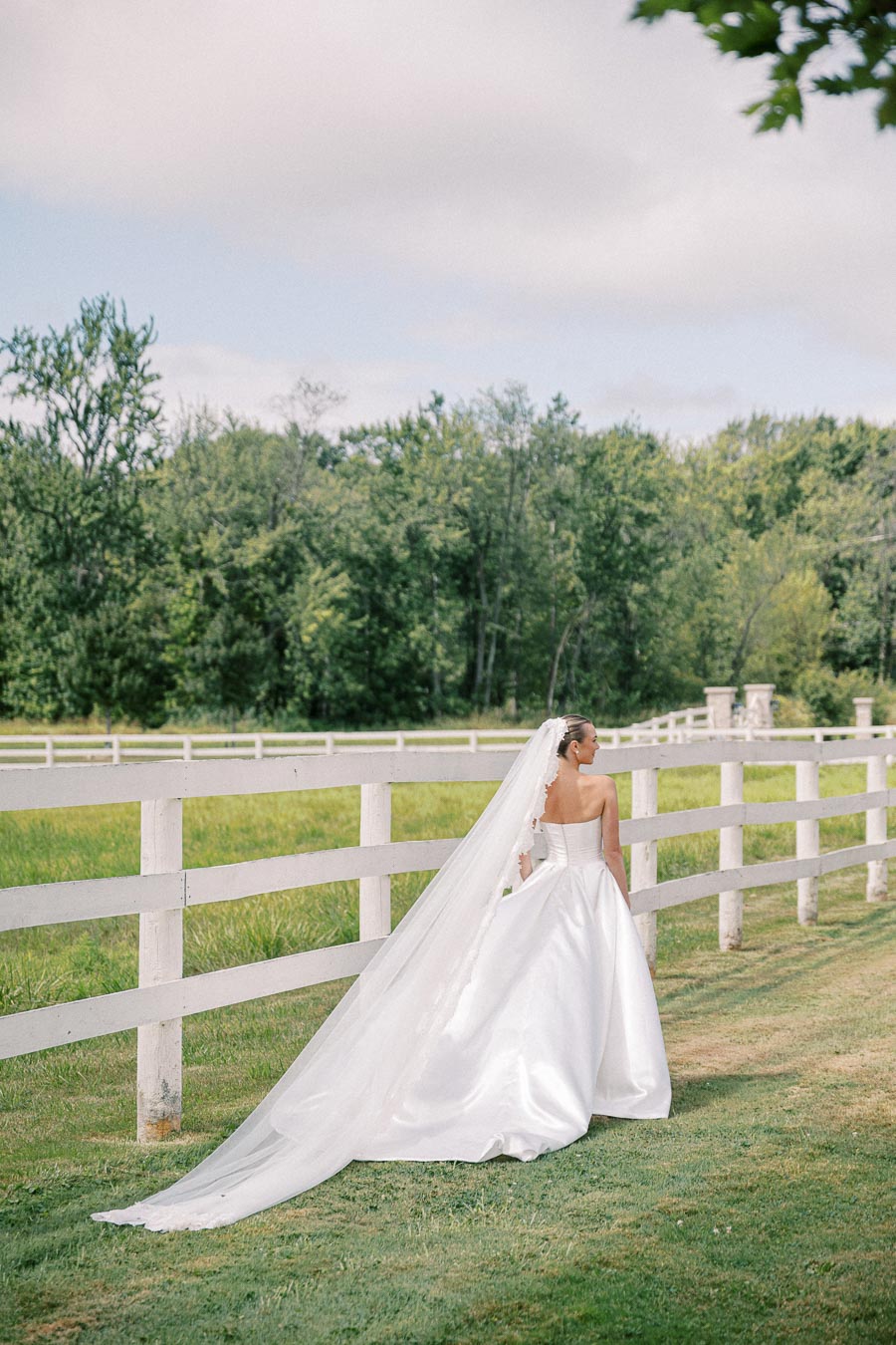 Elegant bride in a flowing white wedding gown and veil walking along a rustic white fence in a scenic outdoor setting, with lush green trees in the background.