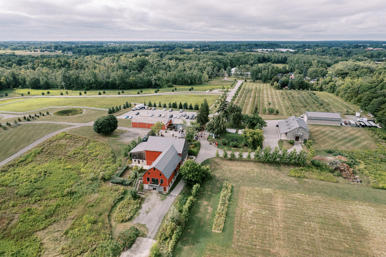 Aerial view of a sprawling countryside with a large red barn and adjacent buildings, surrounded by lush greenery and fields. The horizon showcases a dense forest under a cloudy sky, with a parking area and several cars visible near the structures.
