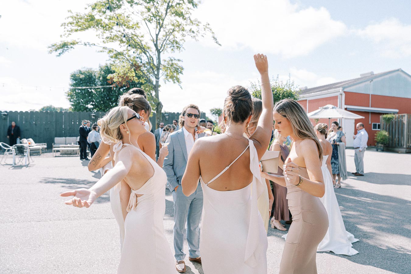 A group of elegantly dressed women dancing and enjoying a sunny outdoor wedding reception, with guests mingling in the background.