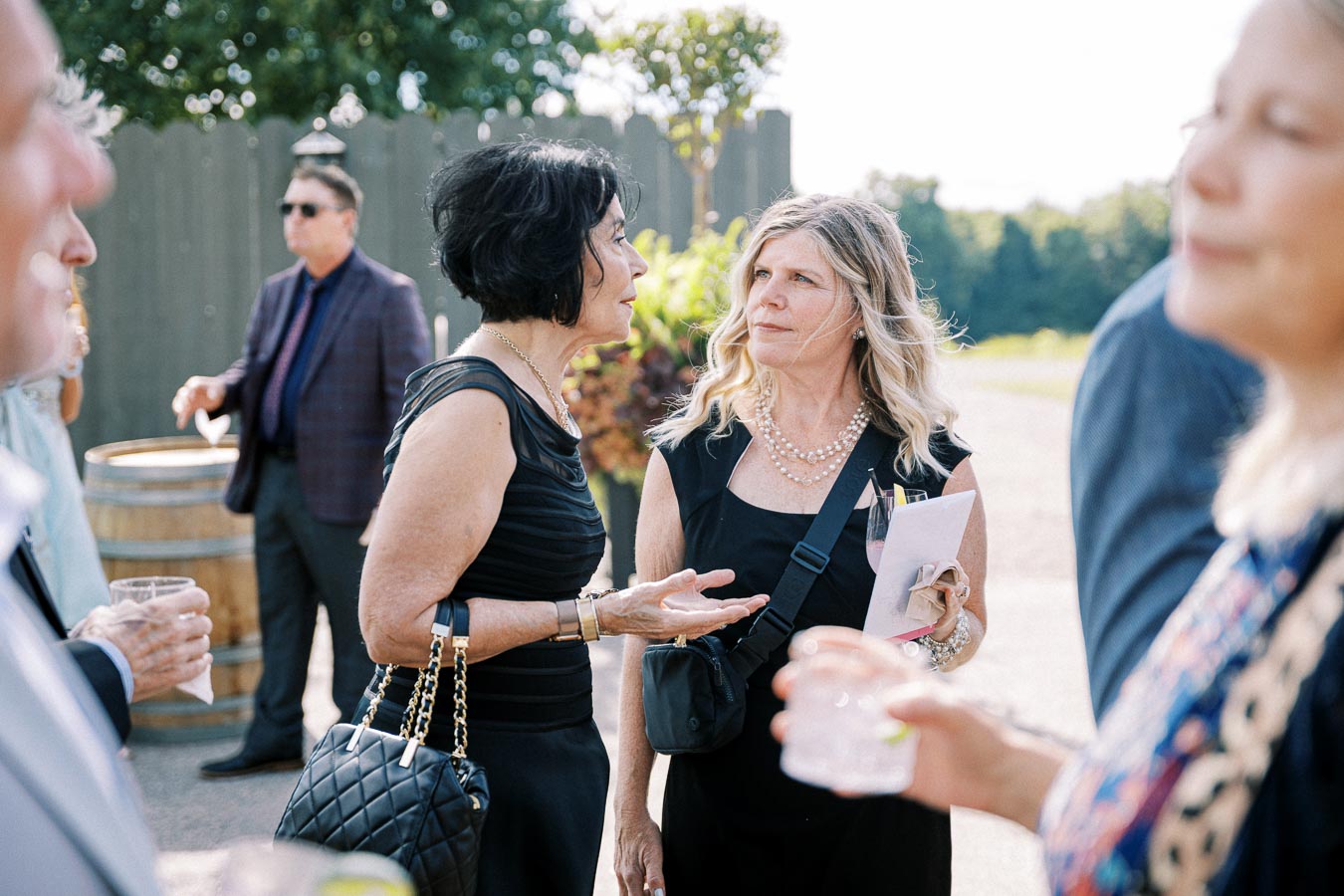 Women engaging in conversation at an outdoor social event, with other guests mingling in the background under a bright sky.