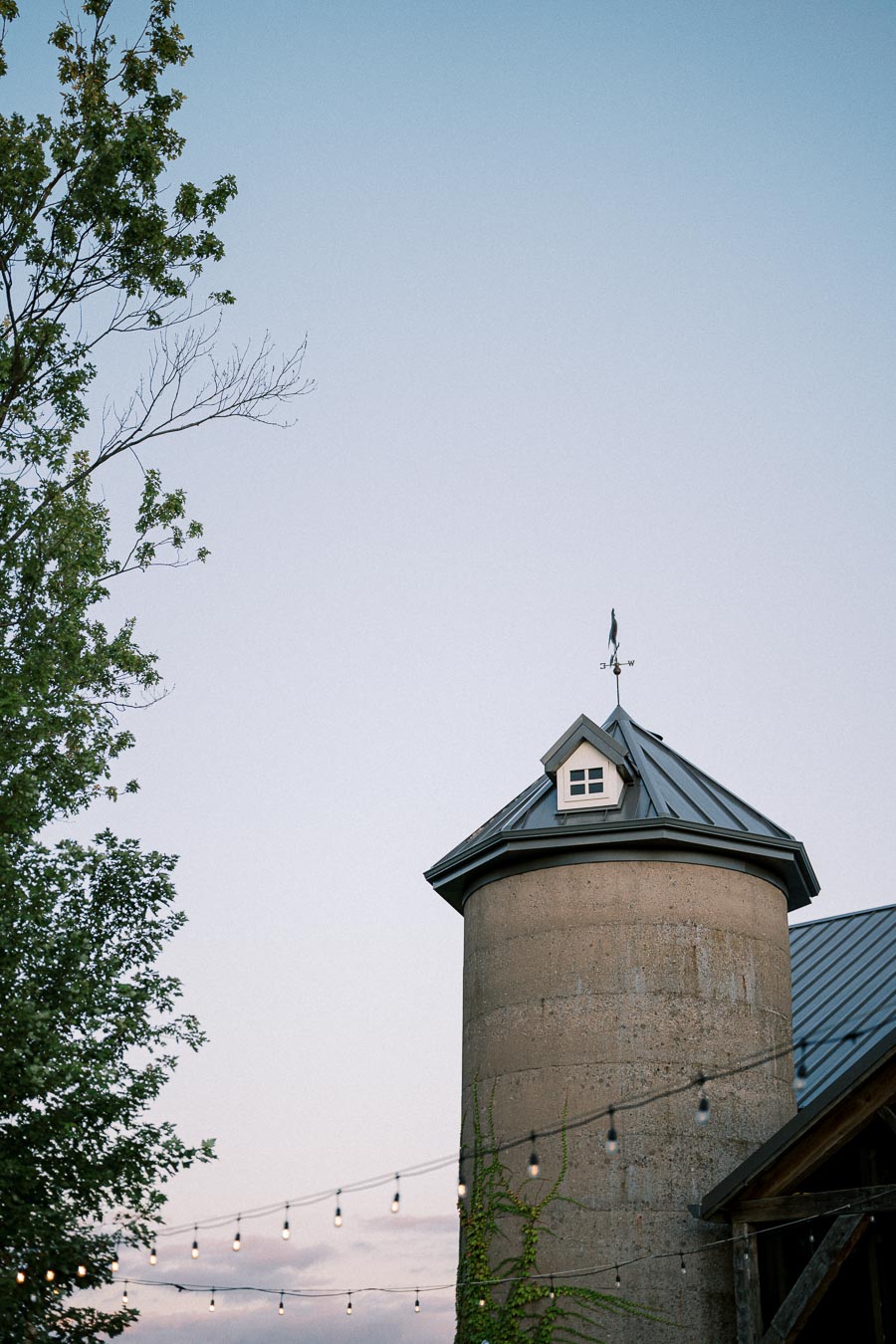 Rustic farm silo with a conical metal roof and weather vane against a clear blue sky, framed by tree leaves and string lights in the foreground.