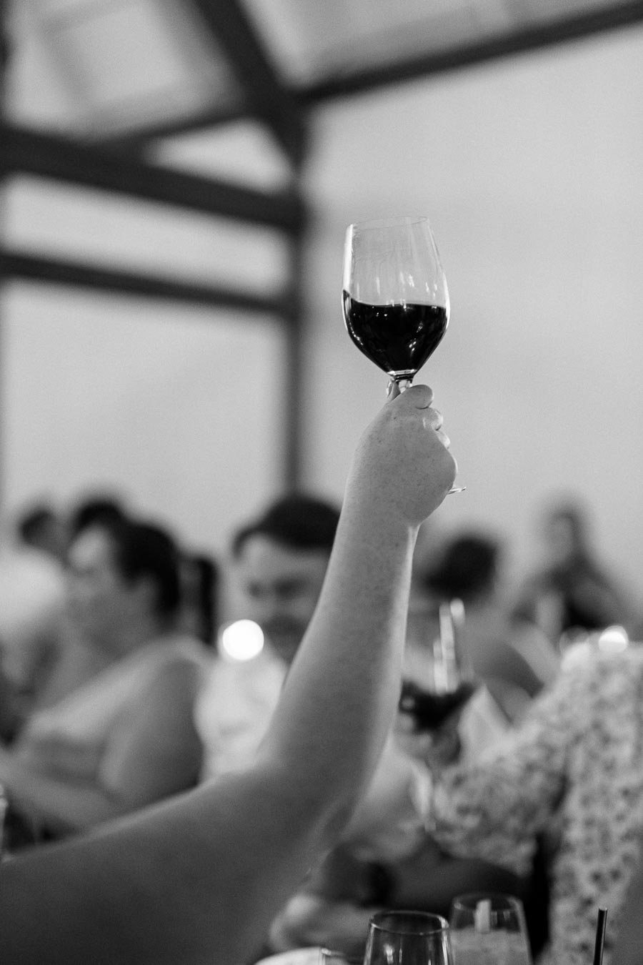 Black and white photo of a hand raising a glass of red wine in a toast at a social gathering, with blurred people in the background.