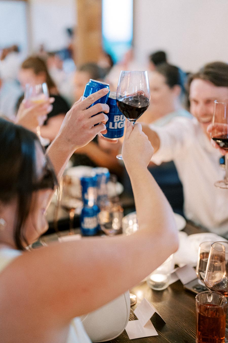 Group of people toasting with wine glasses and beer cans at a lively social gathering.