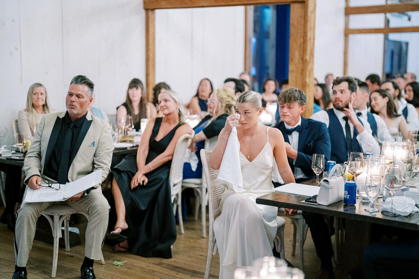 A group of formally dressed guests seated at a decorated wedding reception, with candles and glassware on a wooden table, inside a rustic venue.