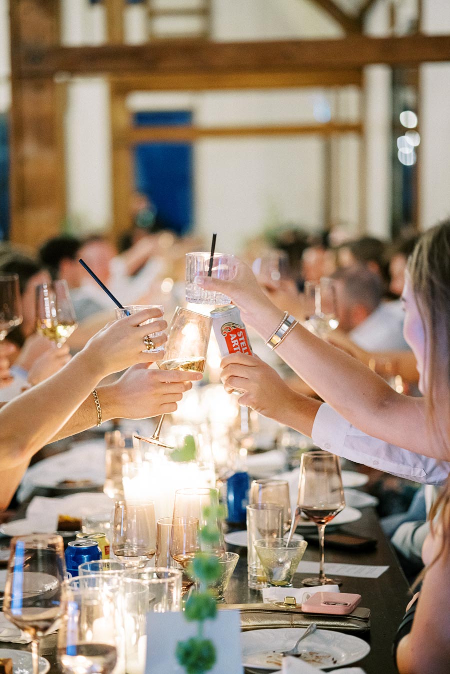 Group of people raising glasses in a celebratory toast at a warmly lit dinner party, featuring a long table with plates and drinks, creating a festive atmosphere.