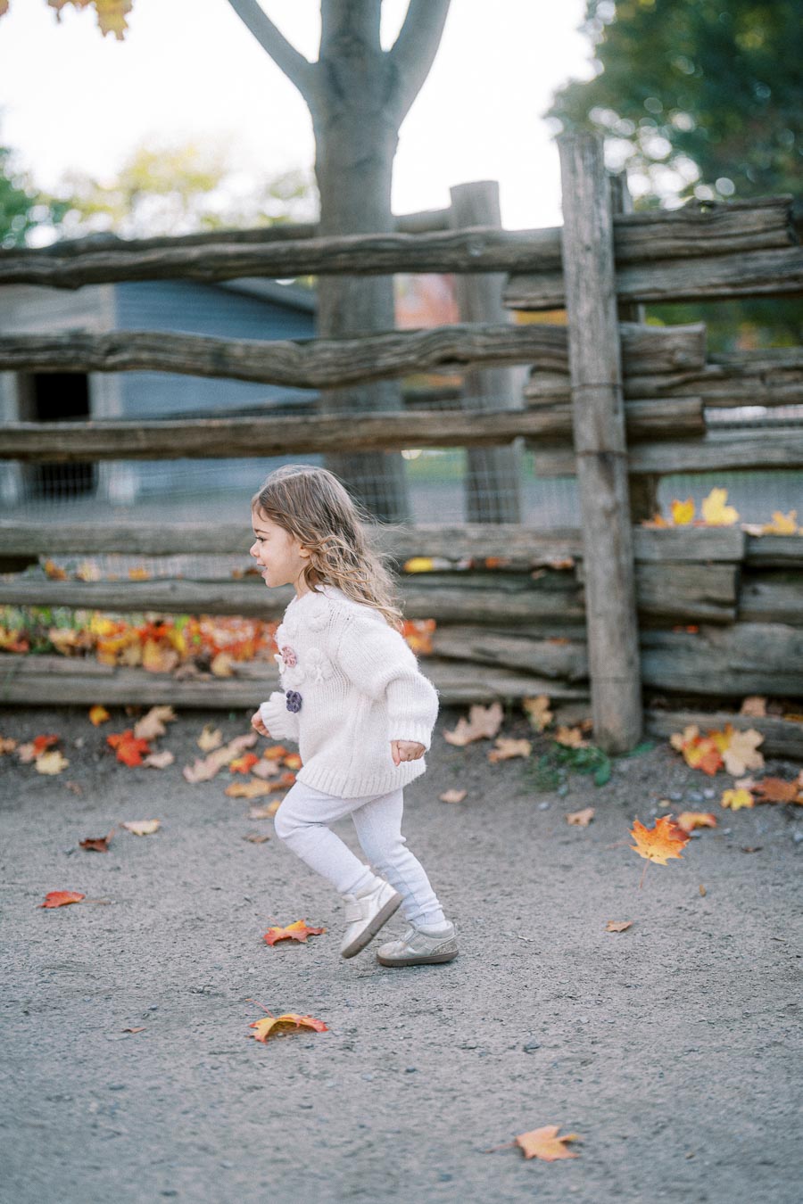 A young child in a cozy white sweater runs joyfully on a leaf-strewn path next to a rustic wooden fence on an autumn day, showcasing the playful spirit of fall.