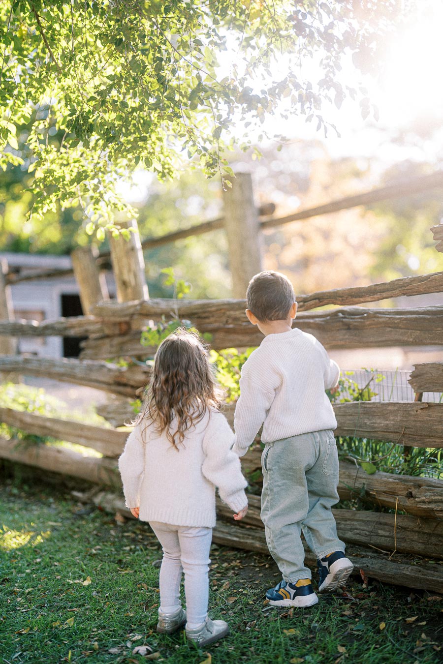 Two young children wearing cozy sweaters explore a rustic wooden fence in a sunlit garden, surrounded by lush green foliage and dappled sunlight.