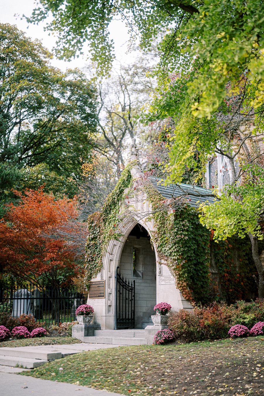 Historic stone archway covered in lush green ivy at a cemetery entrance, surrounded by vibrant autumn foliage and pink flowers, creating a serene and picturesque scene.