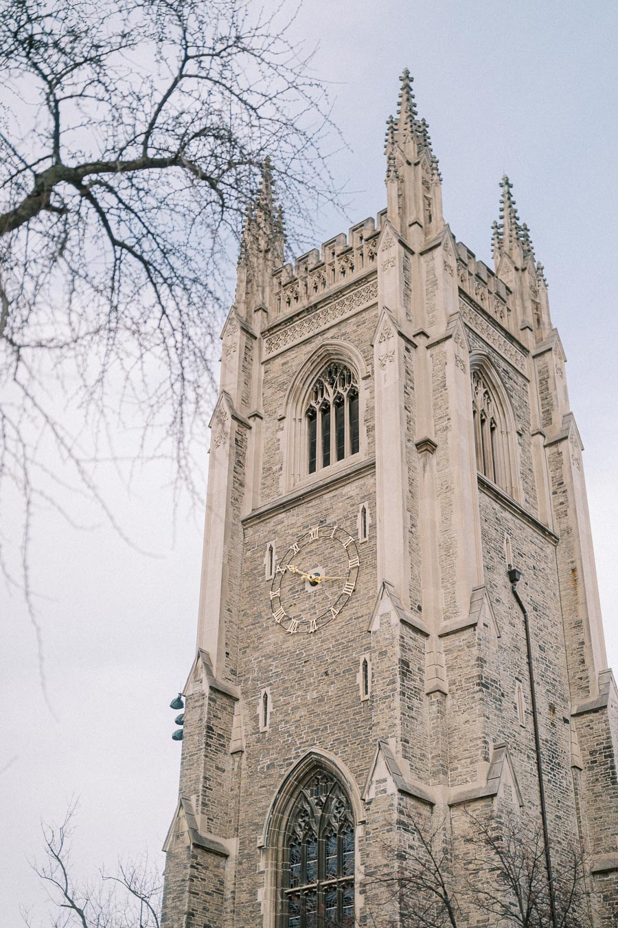 Historic stone clock tower against a clear blue sky, with intricate gothic-style architecture and bare tree branches framing the scene.