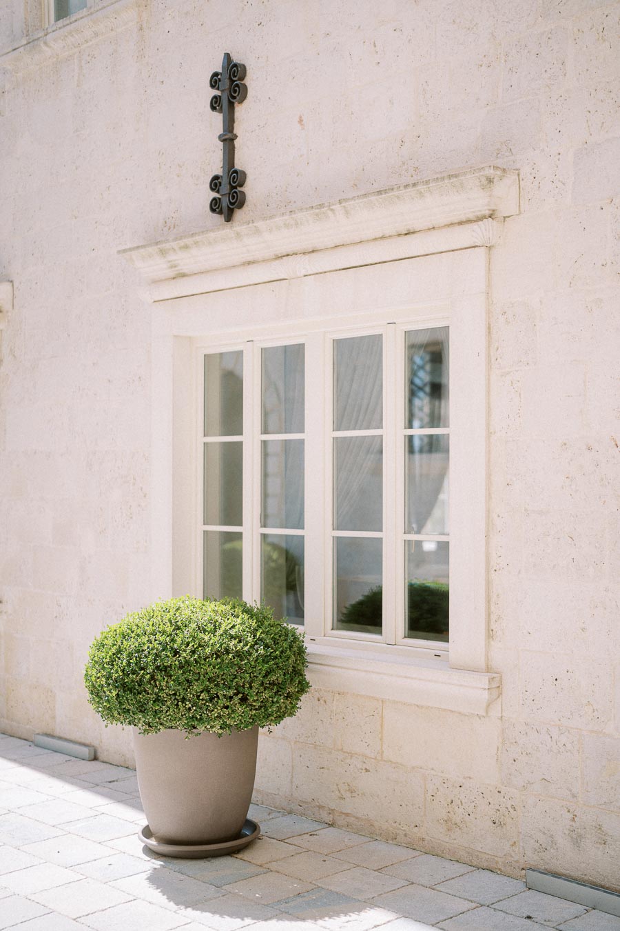 Elegant window with grid design on stone building and decorative potted shrub, enhancing the facade's aesthetic appeal