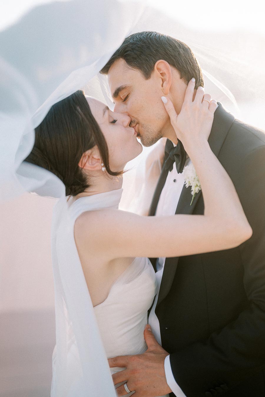 Romantic bride and groom sharing a passionate kiss under a flowing veil on their wedding day, dressed in elegant wedding attire.