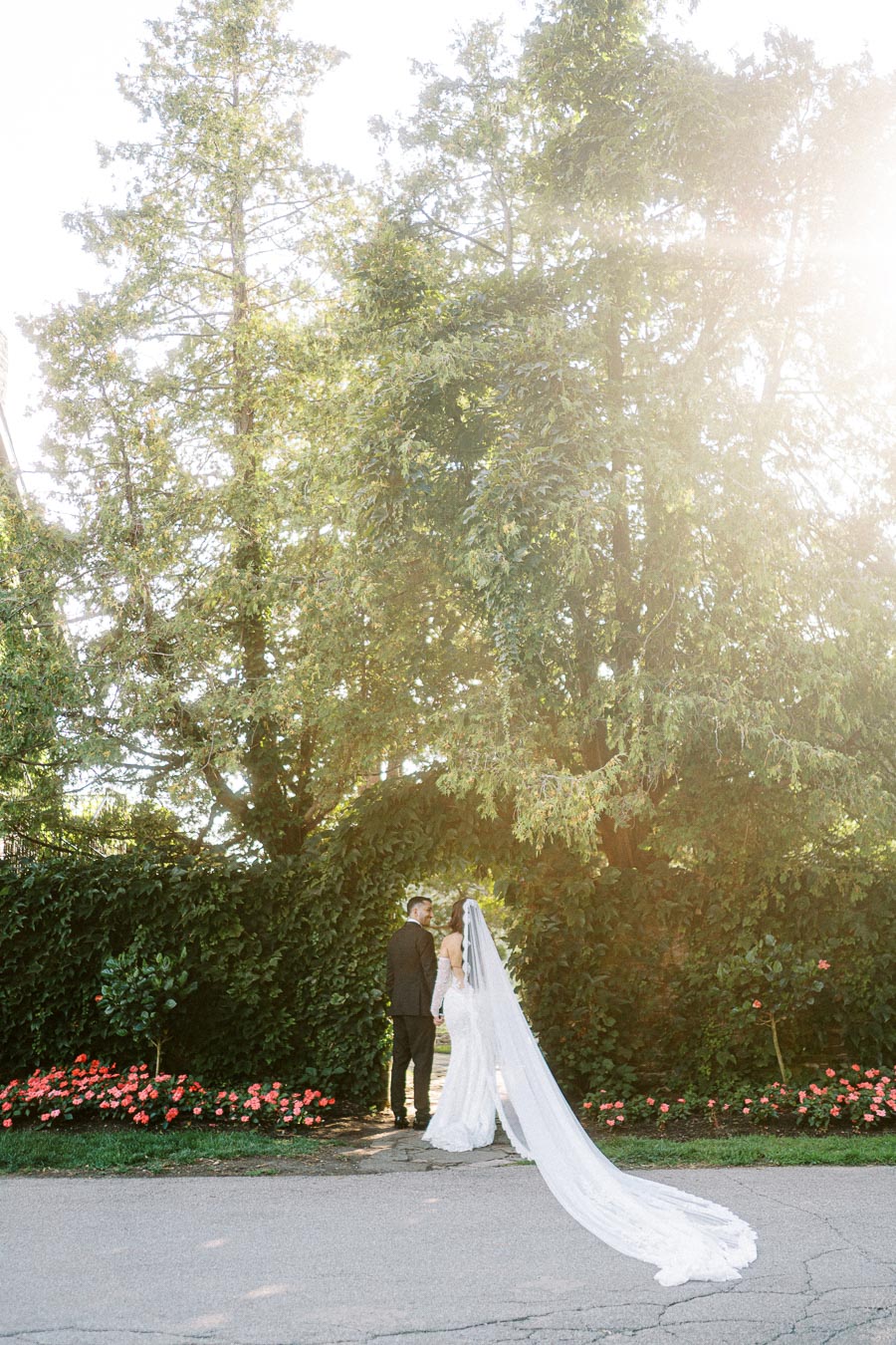 Bride and groom standing under a lush green tree with sunlight filtering through the leaves, surrounded by vibrant flowers,