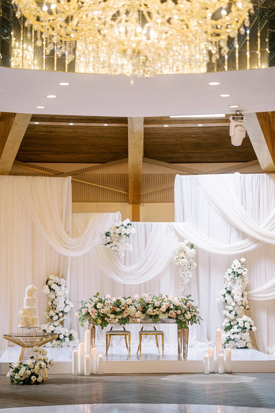 Luxurious wedding reception setup featuring a beautifully decorated sweetheart table adorned with elegant floral