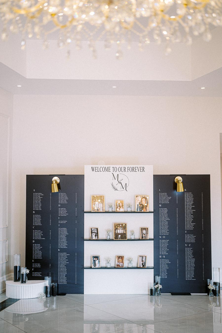 Wedding reception seating chart display with framed photos and floral decor, featuring a Welcome to Our Forever sign and