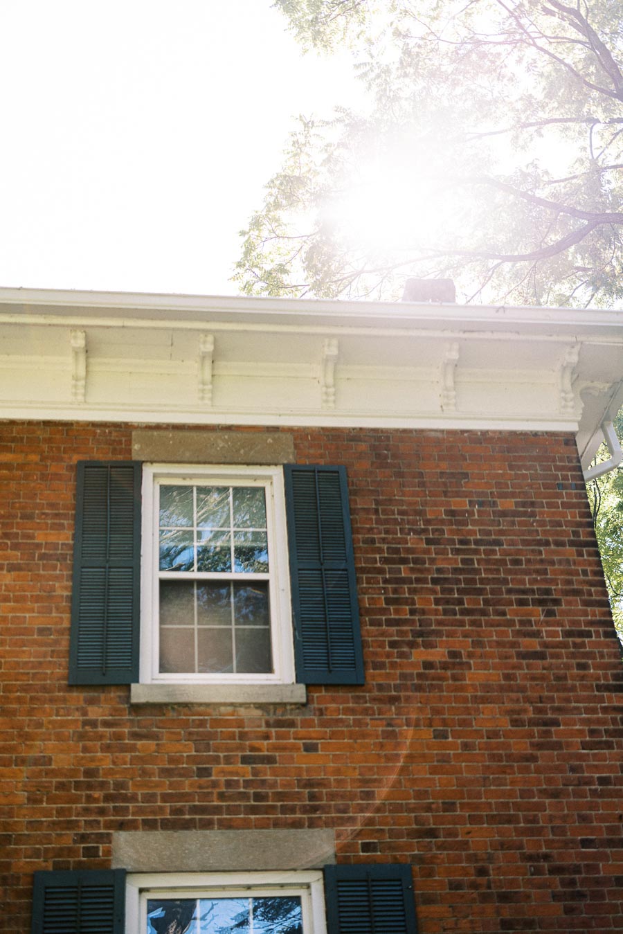 Exterior view of a brick house with dark blue shutters and a sunlit window, highlighting the architectural details of the gutter and roof, surrounded by partial tree foliage.