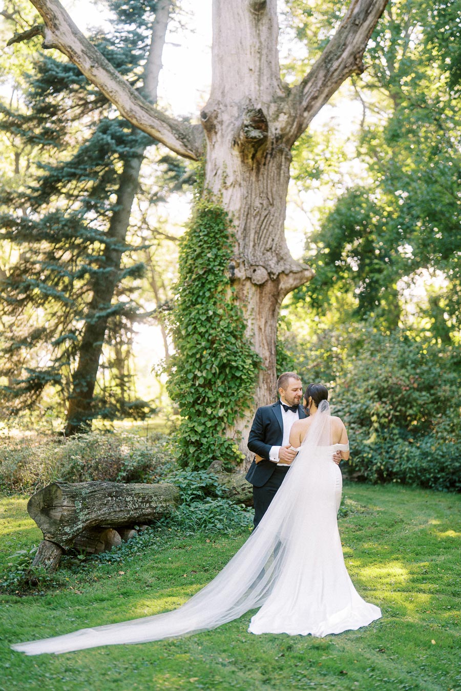 A bride in a white gown with a long veil stands with a groom in a black tuxedo, embracing under a large tree with greenery in a serene garden setting.