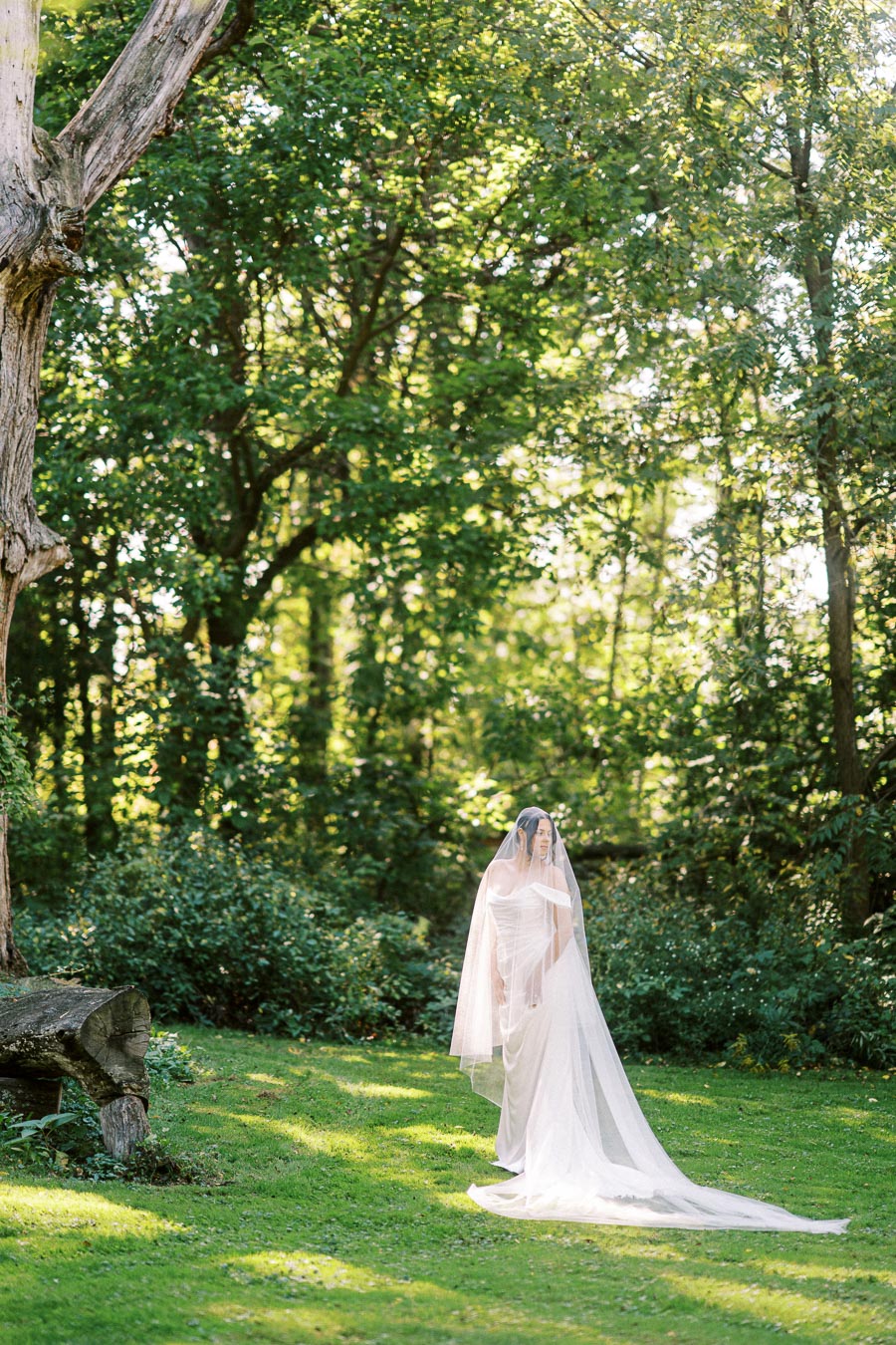 A bride in a flowing white wedding gown and veil stands gracefully in a sunlit garden, surrounded by lush green trees and foliage.