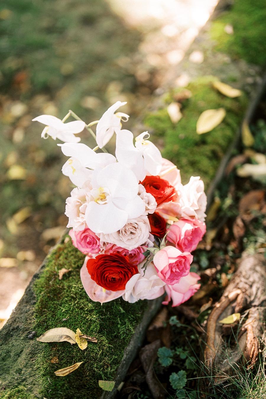 A vibrant bouquet of pink, white, and red flowers, including roses and orchids, resting on a moss-covered stone in a sunlit garden setting.