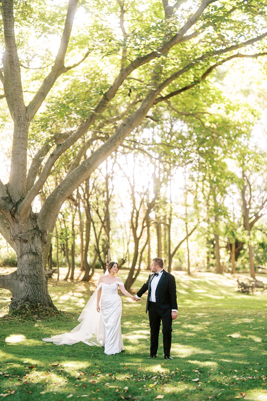 A bride and groom hold hands while walking through a sunlit forest meadow, surrounded by tall trees with green leaves, creating a romantic and serene atmosphere.