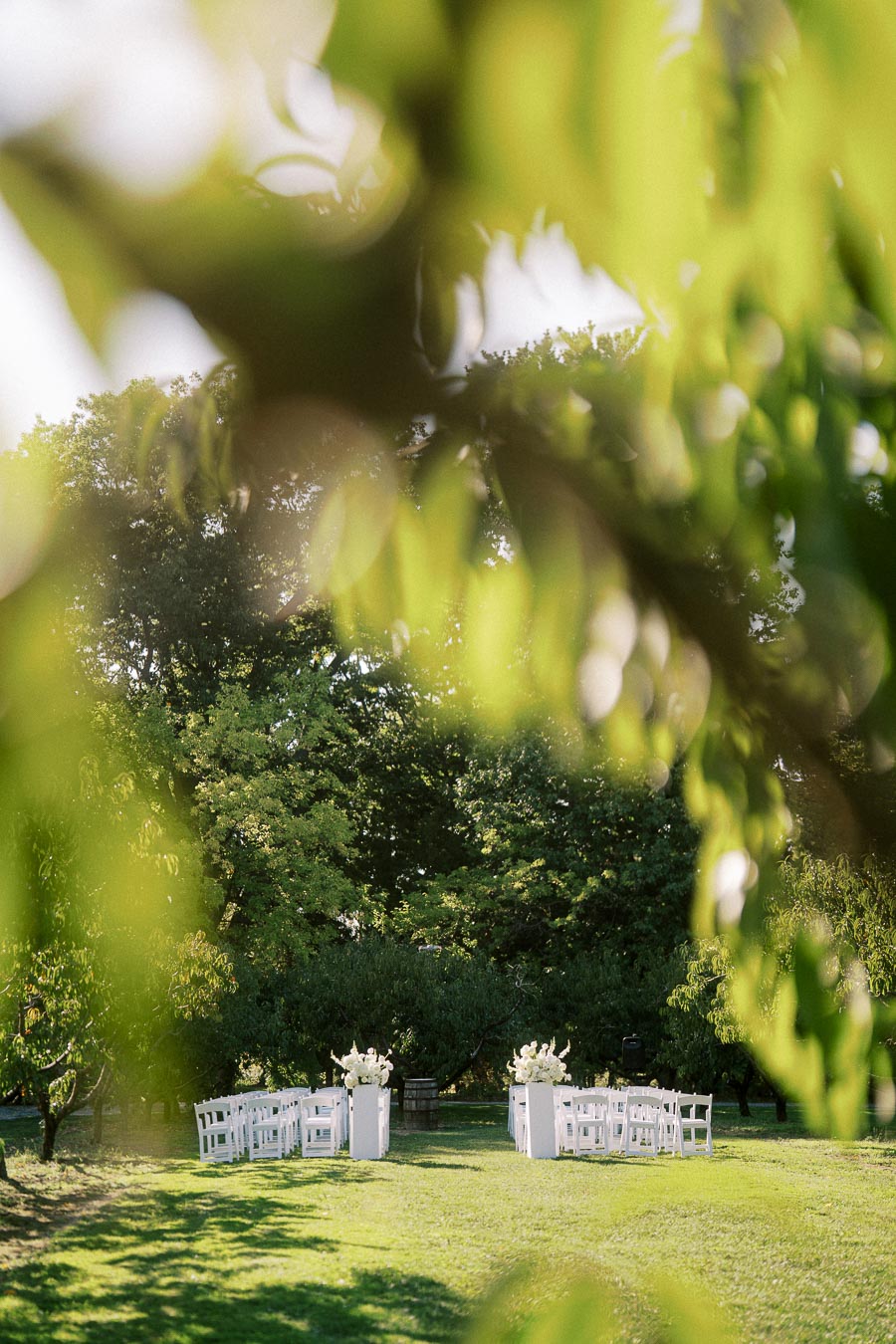 Outdoor wedding ceremony setup in a lush green garden, featuring rows of white chairs arranged neatly in a circle, surrounded by dense trees, soft sunlight filtering through the leaves, and floral decorations, creating a serene and romantic atmosphere.