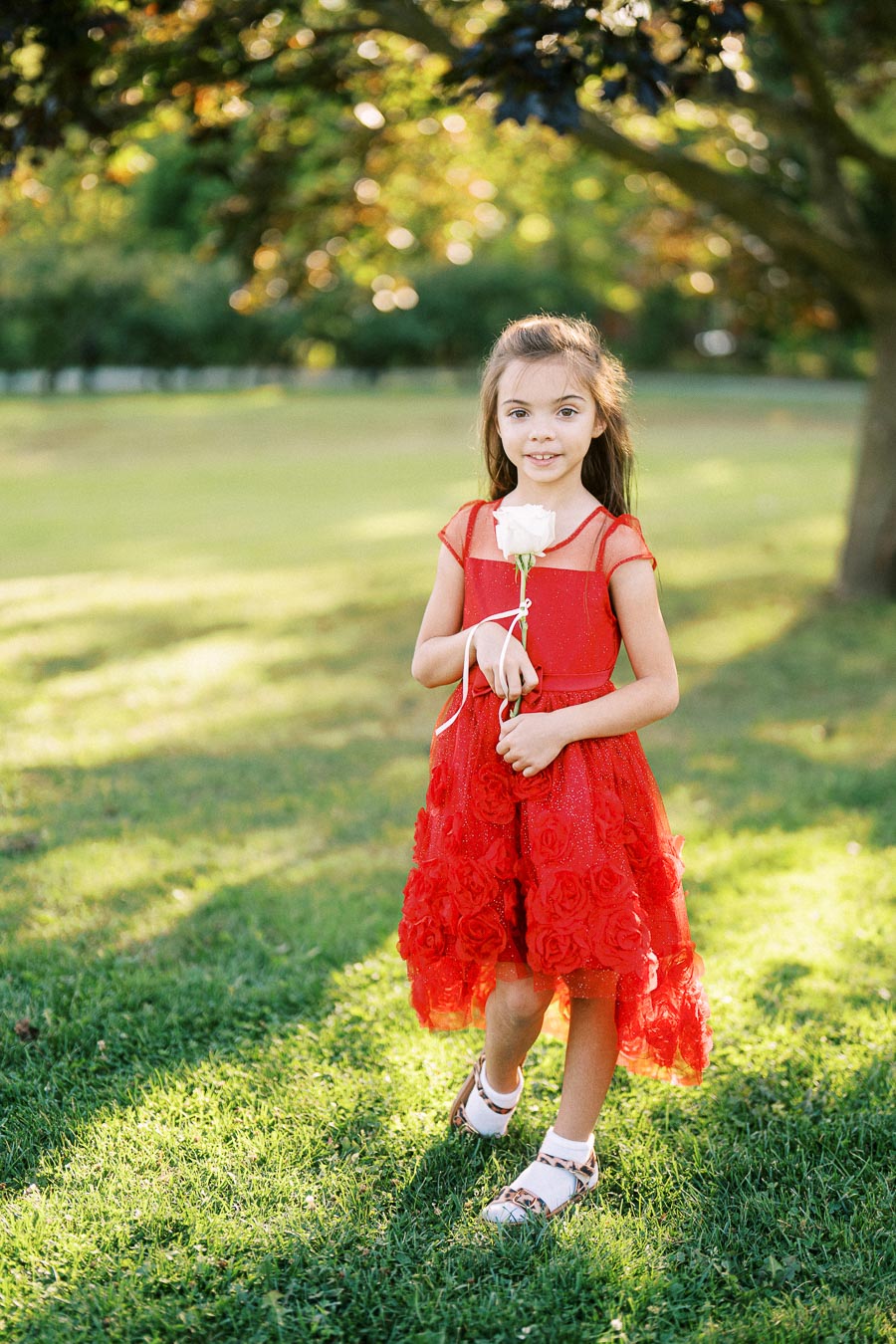 A young girl in a vibrant red dress holds a white rose while standing on lush green grass in a sunlit park setting, conveying a serene and joyful atmosphere.