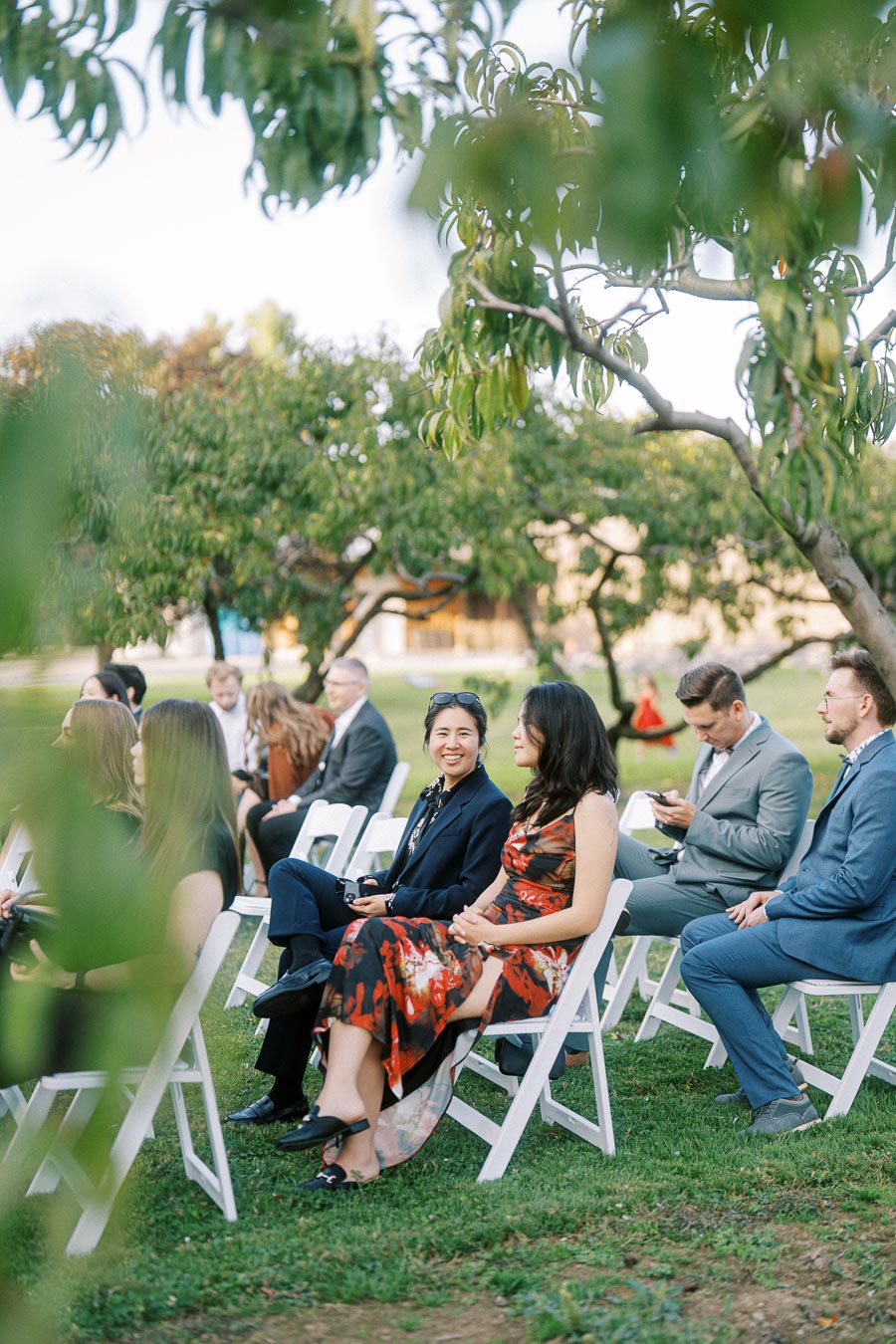 Outdoor wedding ceremony with guests seated on white chairs, surrounded by lush green trees, highlighting a festive and joyful atmosphere.