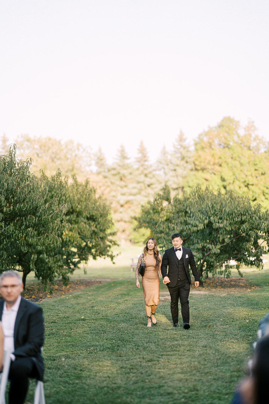 A couple elegantly dressed in formal attire walks arm in arm through a picturesque orchard, with lush green trees and a clear sky in the background, conveying a serene and romantic atmosphere.