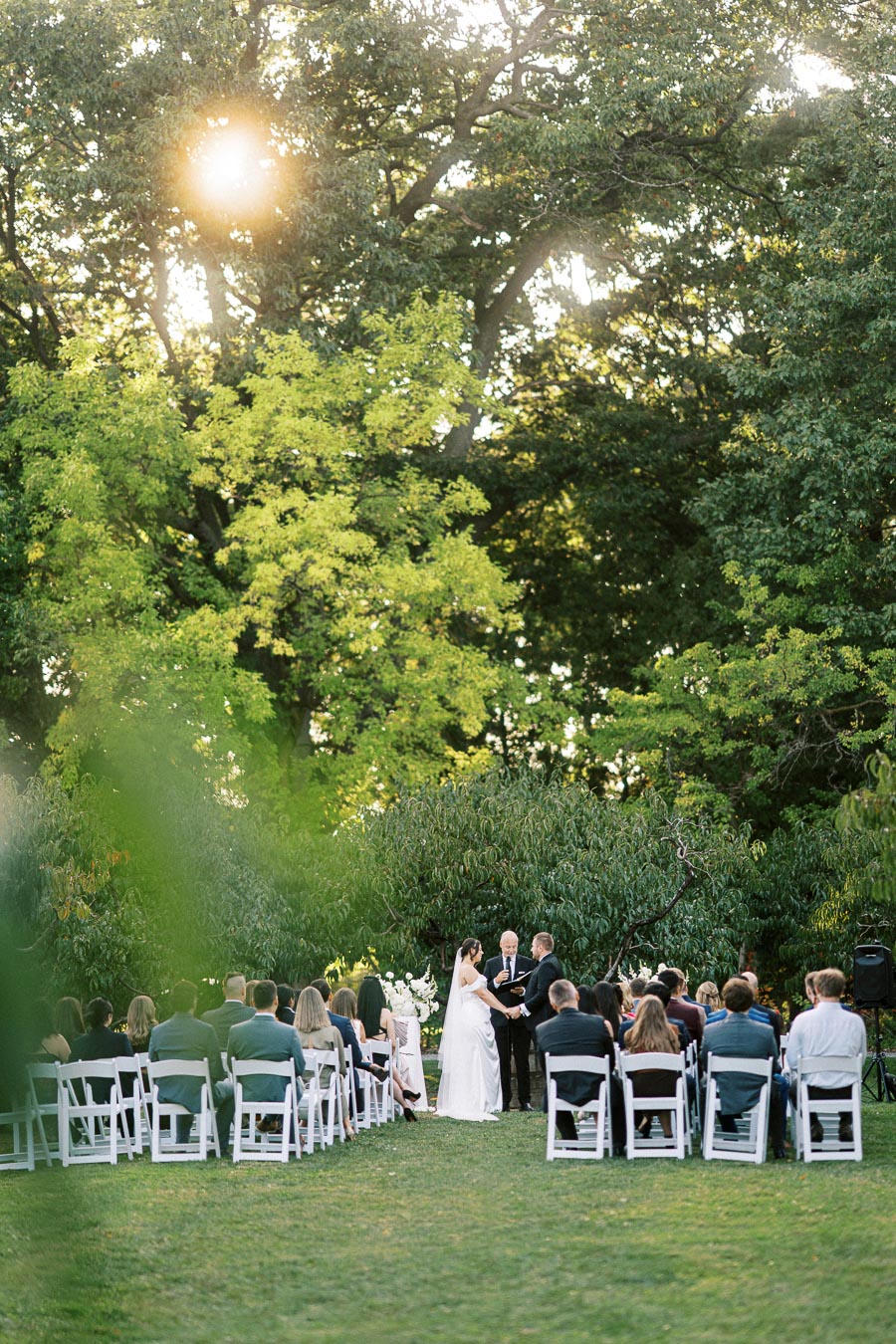 Outdoor wedding ceremony under a large tree with sunlight filtering through, featuring a couple exchanging vows in front of seated guests on a green lawn, creating a serene and romantic setting.