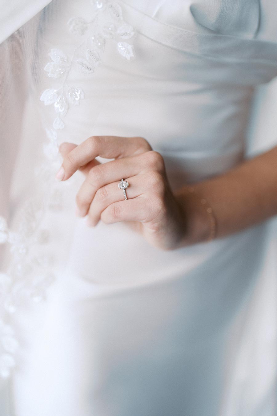 A close-up of a hand wearing an elegant engagement ring with a sparkling gemstone on a white wedding dress. The dress features intricate lace detailing, enhancing the romantic and luxurious ambiance.