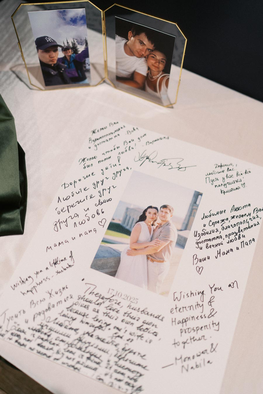 Wedding guestbook with handwritten notes and photographs, featuring a couple in formal attire and personalized messages for the newlyweds. The image captures the essence of well-wishes and the celebration of love.