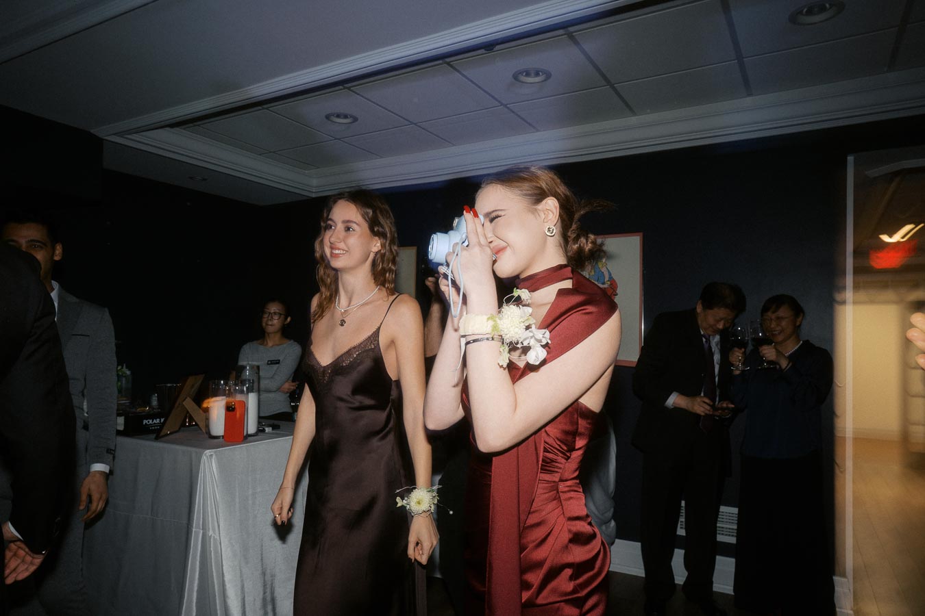 Two young women in elegant evening gowns enjoying a formal event, with one taking a photo using a camera. The scene includes a dimly lit room with other guests in the background, capturing a joyful and glamorous atmosphere.