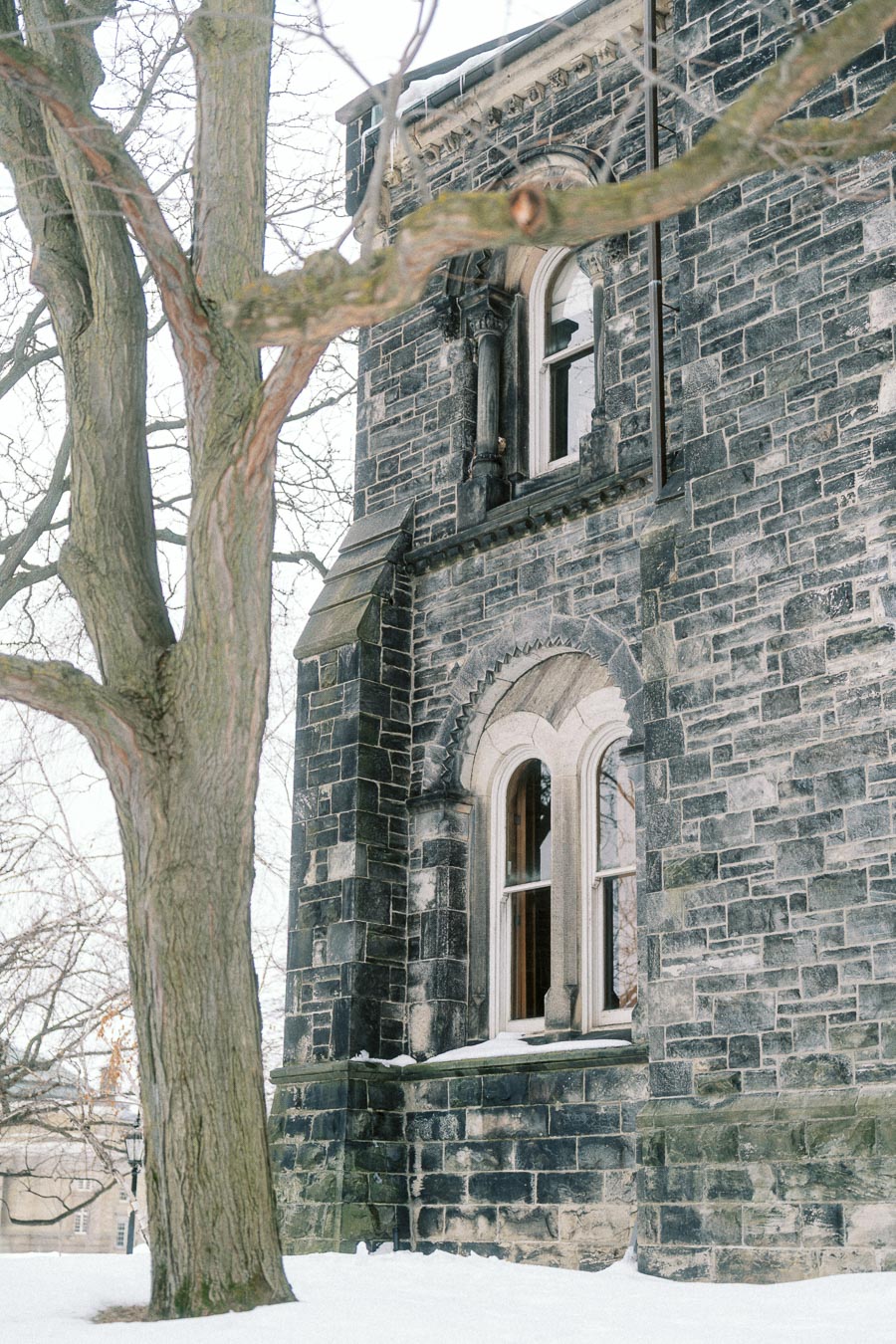 Historic stone building with arched windows, partially obscured by a leafless tree, surrounded by snow during winter.