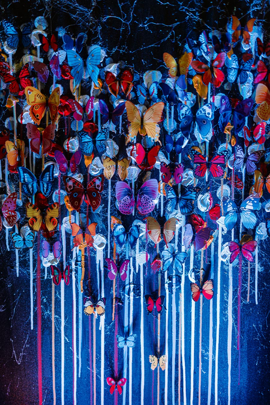 Vibrant abstract artwork featuring a collection of colorful butterflies against a dark background with cascading paint drips.