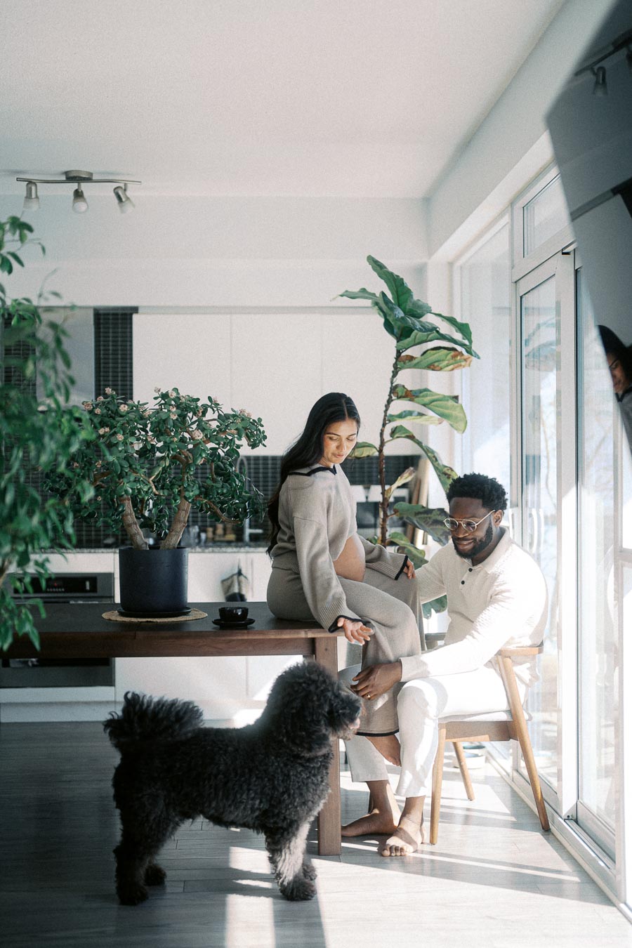 Young couple in a modern living room with houseplants and a black poodle, sharing a tender moment.