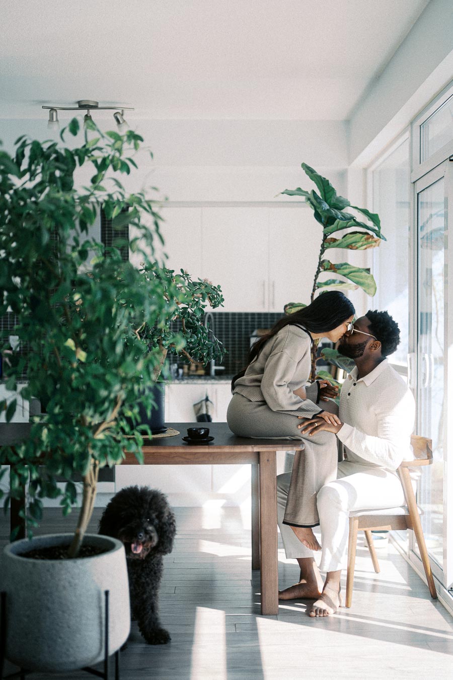 A couple sharing a tender moment in a modern, sunlit kitchen surrounded by lush green plants, with a fluffy black dog playfully standing nearby.