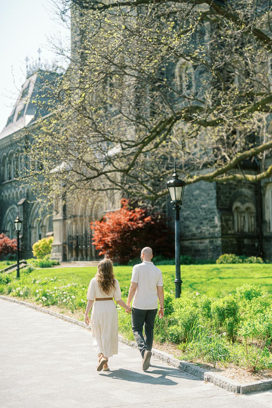 Couple holding hands walking along a sunlit path with historic University of Toronto architecture and spring greenery in the background.