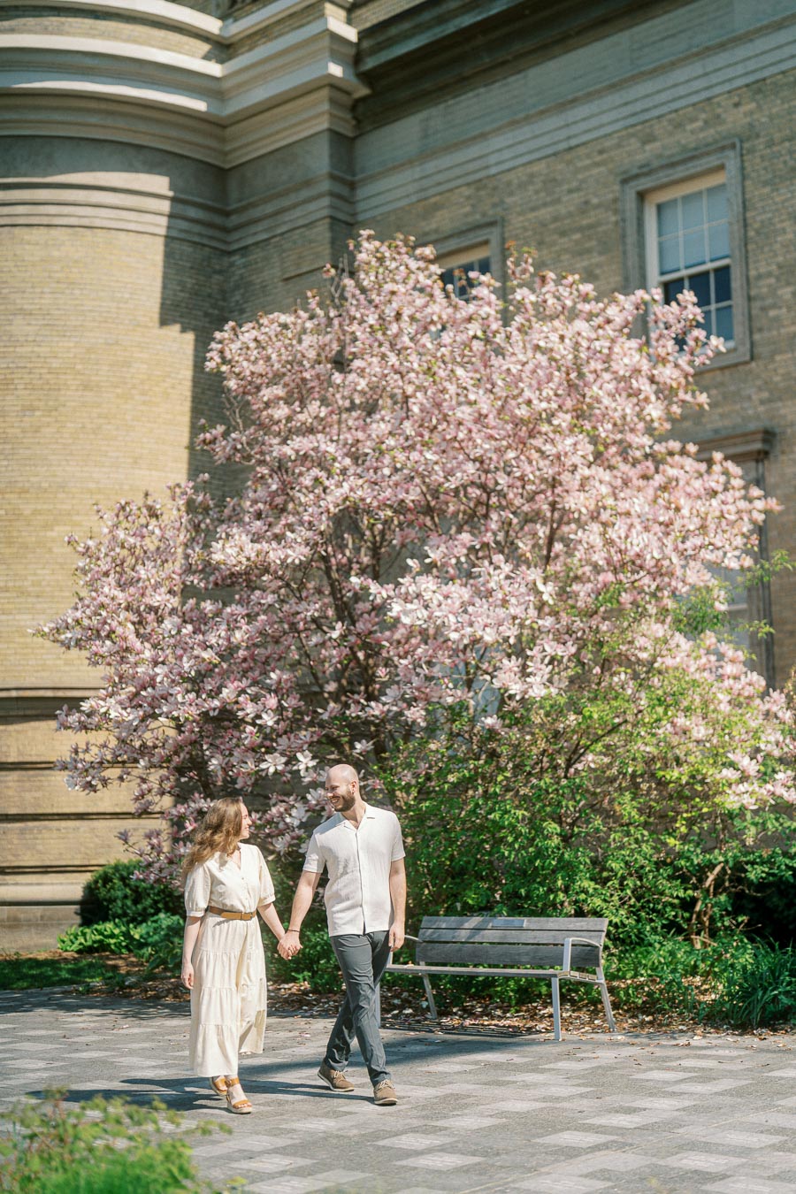 Couple holding hands and walking in a sunlit courtyard with pink blooming trees and historic University of Toronto architecture in the background.