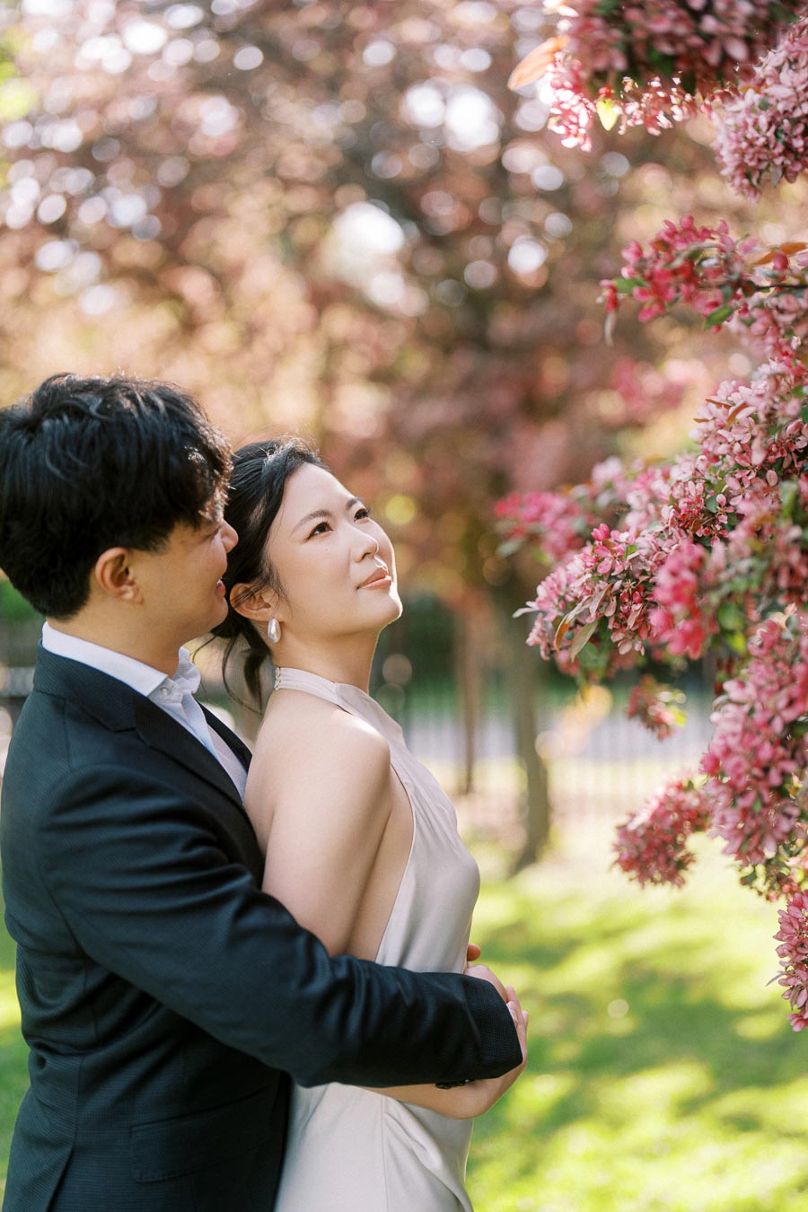 Asian engaged couple embracing in soft sunlight, standing under pink flowering trees in Trillium Park, Toronto, with a natural and romantic atmosphere.