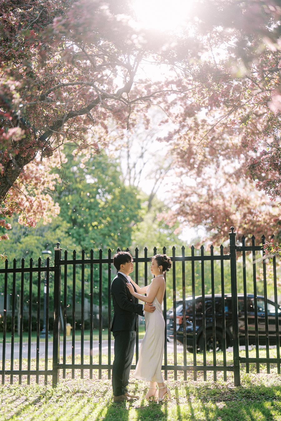 Engaged couple standing close together under blooming pink trees with sunlight streaming through branches at Trillium Park, Toronto. The bride-to-be wears a white dress, the groom-to-be a black suit.