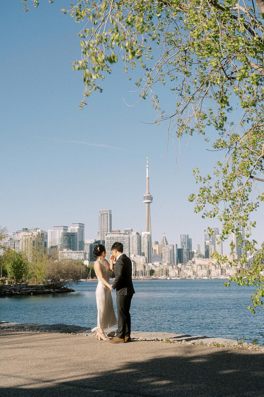 Engaged couple holding hands at Trillium Park in Toronto, with spring trees and the CN Tower skyline visible across the waterfront on a sunny day.