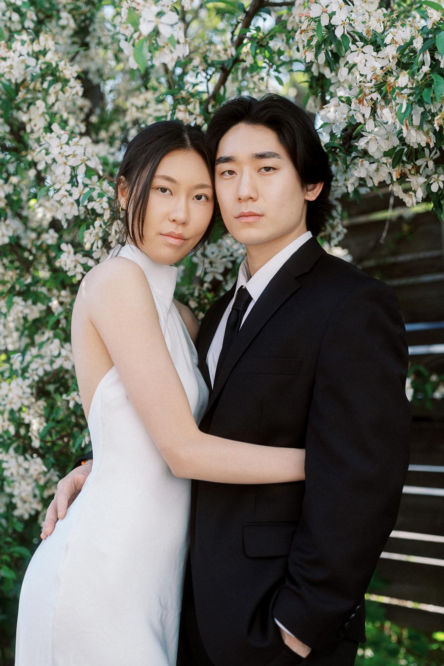 Couple embracing in front of blooming white flowers, both looking at the camera, one in a white dress and one in a black suit.
